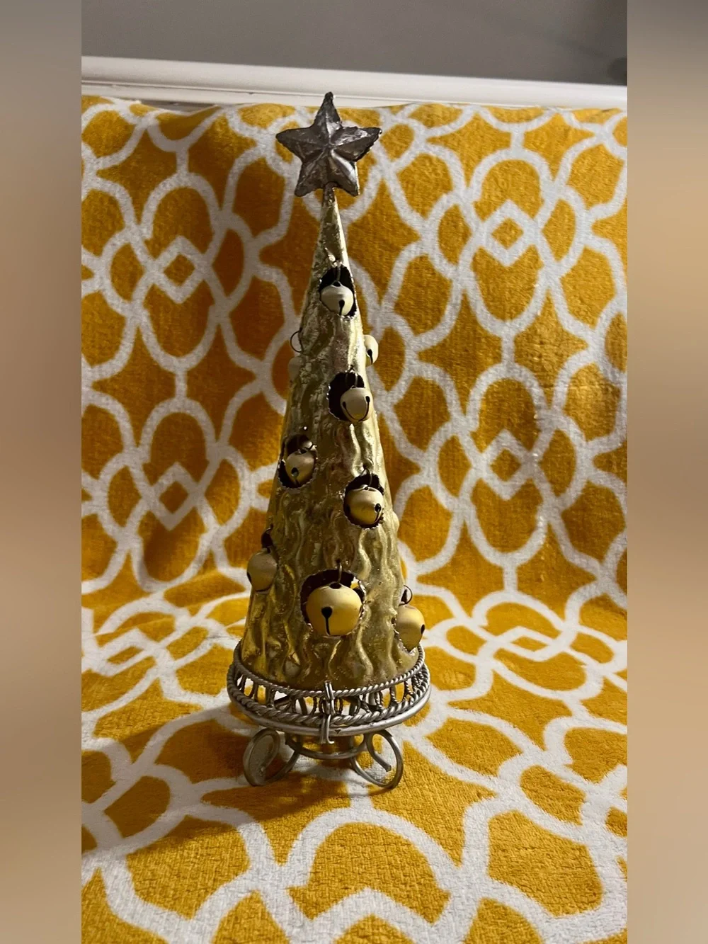 Gold Tone Metal Christmas Topiary Decorated Tree w/ Star Topper Stand 12in
